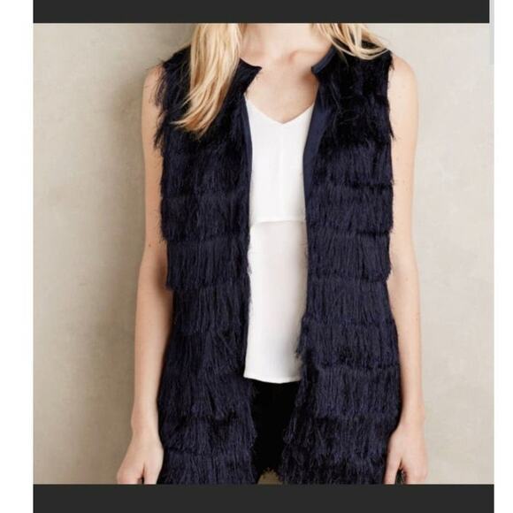 Eva Franco Anthropologie Vest Women's S Navy Fringe Open Front Boho Chic Casual - Picture 1 of 16